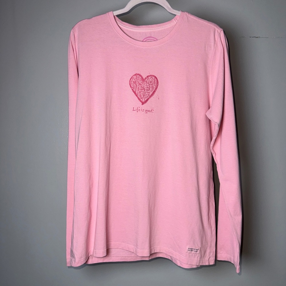 Life is Good Womens Pink All You Need Is Love Heart Long Sleeve T-Shirt Large